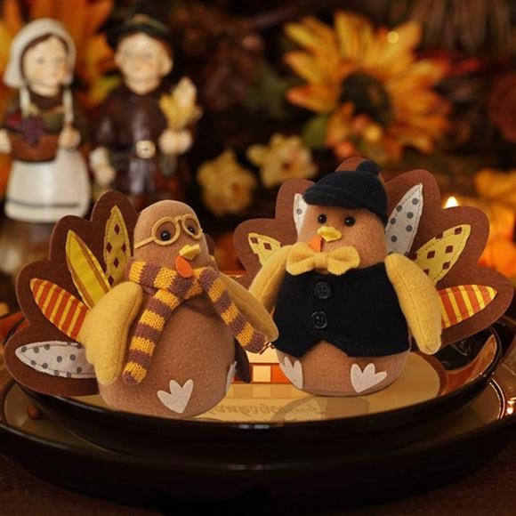 Set of 2 Thanksgiving Turkey Decor, Felt Standing Turkey Couple - Picture 1 of 7